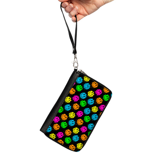 PU Zip Around Wallet Rectangle - Smiley Faces Melted Mini Repeat Angle Black Multi Neon Clutch Zip Around Wallets Buckle-Down   