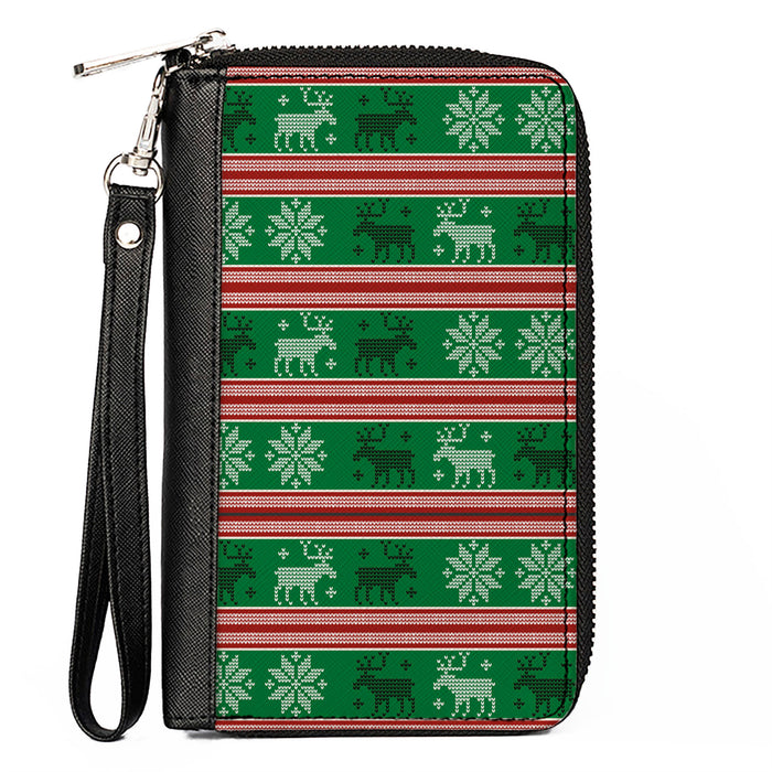 Women's PU Zip Around Wallet Rectangle - Ugly Christmas Sweater Stitch Moose Snowflakes Reds Greens