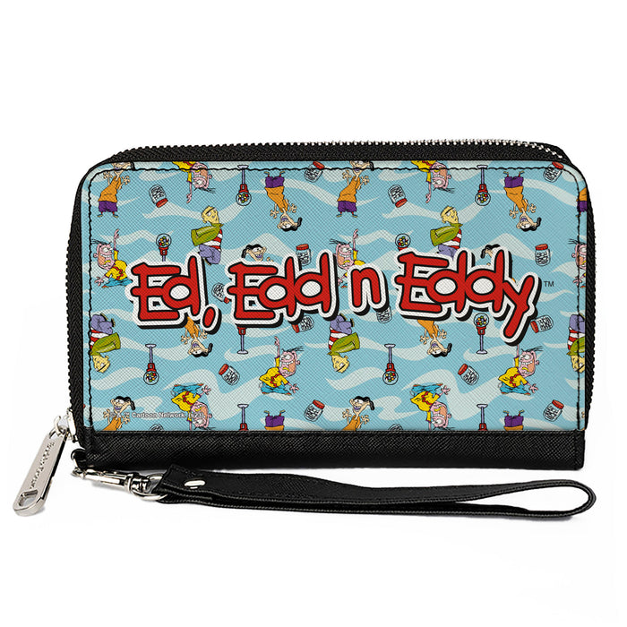 PU Zip Around Wallet Rectangle - ED EDD N EDDY Title Logo and Character Poses Scattered Blues Clutch Zip Around Wallets Warner Bros. Animation   