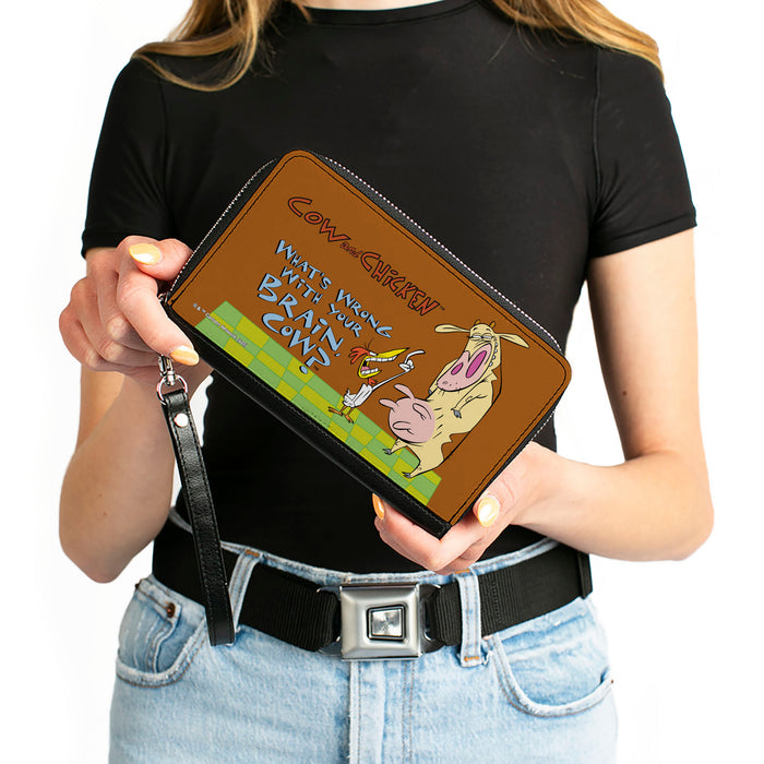 PU Zip Around Wallet Rectangle - COW AND CHICKEN WHAT'S WRONG WITH YOUR BRAIN Pose and Title Logo Brown Clutch Zip Around Wallets Warner Bros. Animation   