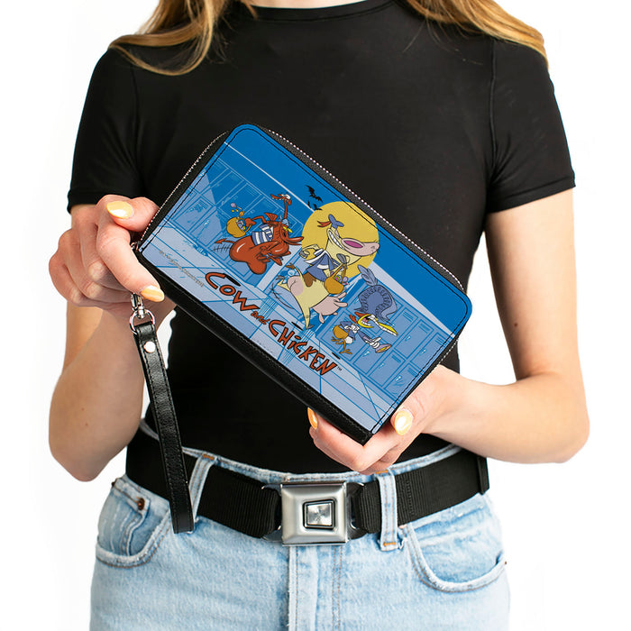 PU Zip Around Wallet Rectangle - COW AND CHICKEN with Red Guy Running Pose and Title Logo Blues Clutch Zip Around Wallets Warner Bros. Animation   