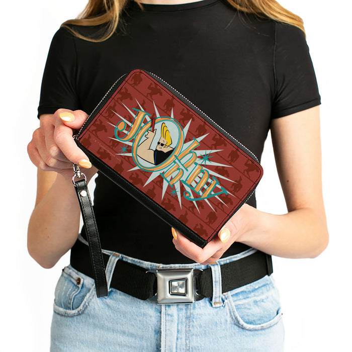 PU Zip Around Wallet Rectangle - JOHNNY BRAVO Title Logo and Flex Pose Turns Reds Clutch Zip Around Wallets Warner Bros. Animation   