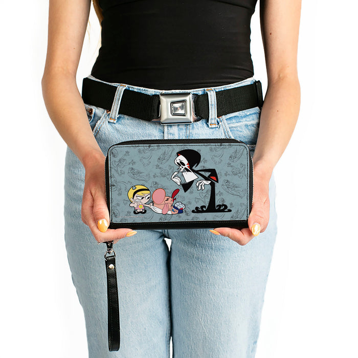 PU Zip Around Wallet Rectangle - The Grim Adventures of Billy & Mandy Group Pose and Grim Sketches Gray Clutch Zip Around Wallets Warner Bros. Animation   