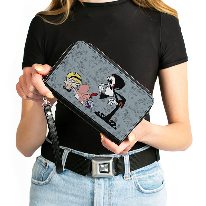 PU Zip Around Wallet Rectangle - The Grim Adventures of Billy & Mandy Group Pose and Grim Sketches Gray Clutch Zip Around Wallets Warner Bros. Animation   