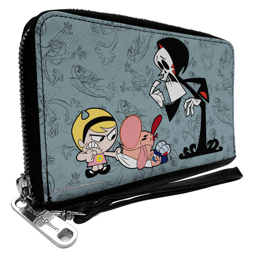PU Zip Around Wallet Rectangle - The Grim Adventures of Billy & Mandy Group Pose and Grim Sketches Gray Clutch Zip Around Wallets Warner Bros. Animation   