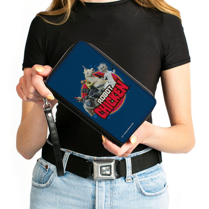 PU Zip Around Wallet Rectangle - ROBOT CHICKEN Title Logo and Group Pose Blue Clutch Zip Around Wallets Warner Bros. Animation   