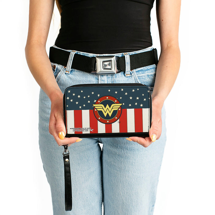 PU Zip Around Wallet Rectangle - WONDER WOMAN/Logo Americana Red/White/Blue/Yellow Clutch Zip Around Wallets DC Comics   