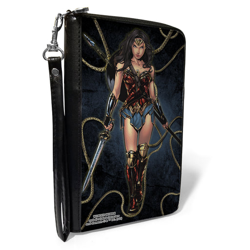 PU Zip Around Wallet Rectangle - Wonder Woman 2017 Standing Swords Pose with Lasso of Truth Blues/Golds Clutch Zip Around Wallets DC Comics   