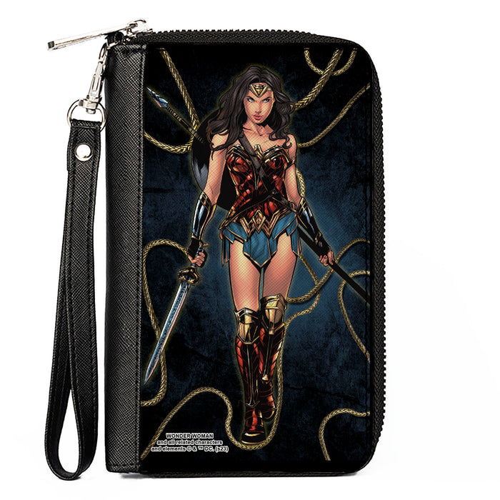 PU Zip Around Wallet Rectangle - Wonder Woman 2017 Standing Swords Pose with Lasso of Truth Blues/Golds Clutch Zip Around Wallets DC Comics   