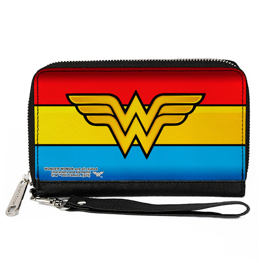 PU Zip Around Wallet Rectangle - Wonder Woman Logo/Stripe Red/Yellows/Blue Clutch Zip Around Wallets DC Comics   