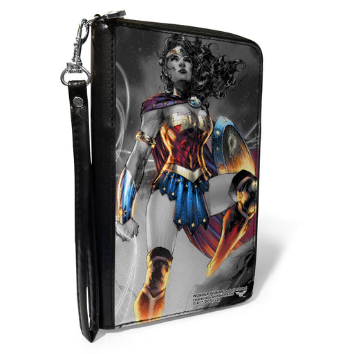 PU Zip Around Wallet Rectangle - Wonder Woman 75th Anniversary Comic Book Cover Standing Pose Grays/Full Color Clutch Zip Around Wallets DC Comics   