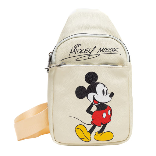 Disney Vegan Leather Crossbody Sling Bag with Adjustable Straps, Mickey Mouse Classic Pose and Autograph, Beige, Bounding Crossbody Bags Disney   