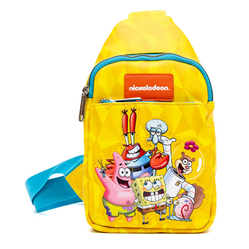 Nickelodeon Vegan Leather Crossbody Sling Bag with Adjustable Straps, SpongeBob SquarePants and Friends Pose Applique, Yellow Crossbody Bags Nickelodeon   