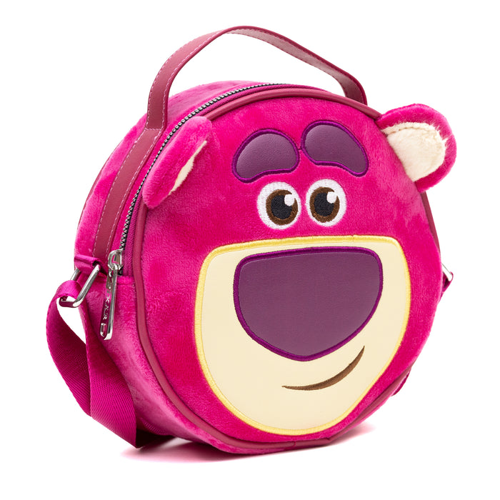 Disney Vegan Leather Round Crossbody Bag with Adjustable Straps, Pixar, Toy Story Lotso Face Character Close Up Furry, Dark Pink Crossbody Bags Disney   