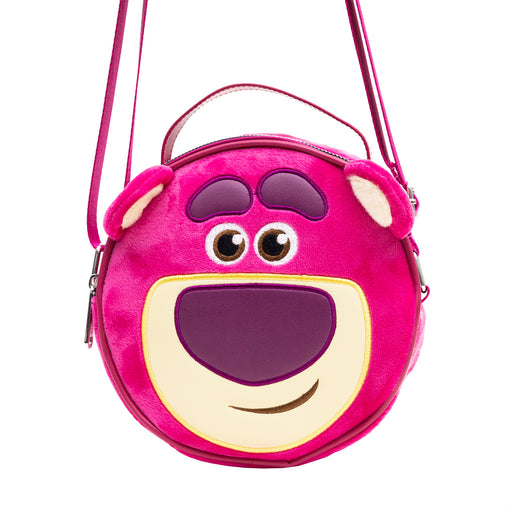 Disney Vegan Leather Round Crossbody Sling Bag with Adjustable Straps, Pixar, Toy Story Lotso Face Character Close Up Furry, Dark Pink Crossbody Bags Disney   
