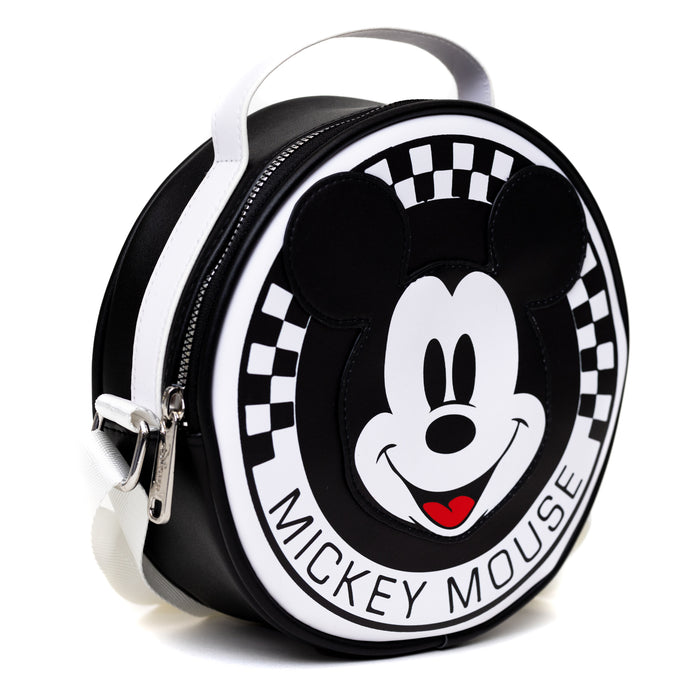 Disney Bag, Cross Body, Round, Mickey Mouse Smiling Face Applique Checker White Black, Vegan Leather Crossbody Bags Disney   