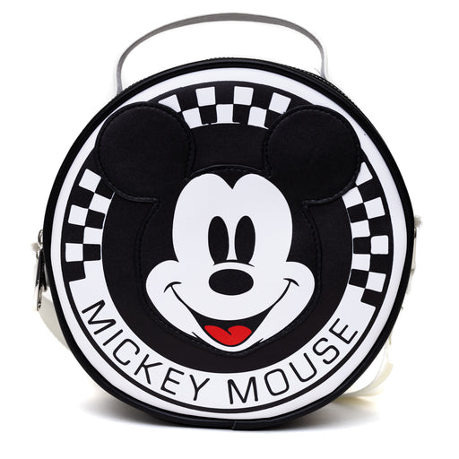Disney Bag, Cross Body, Round, Mickey Mouse Smiling Face Applique Checker White Black, Vegan Leather Crossbody Bags Disney   