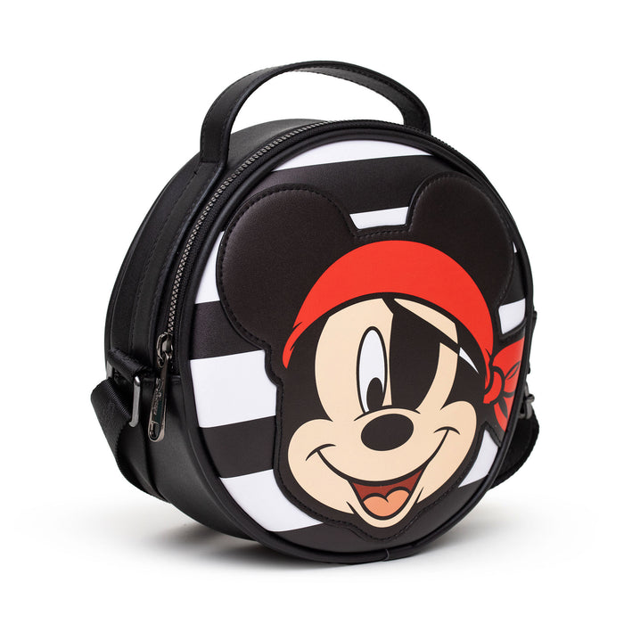 Disney Bag, Cross Body, Round, Pirate Mickey Mouse Smiling Expression Applique, Stripe Black White, Vegan Leather Crossbody Bags Disney   