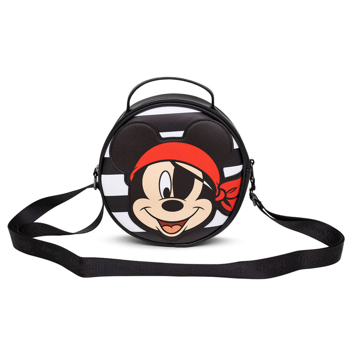 Disney Bag, Cross Body, Round, Pirate Mickey Mouse Smiling Expression Applique, Stripe Black White, Vegan Leather Crossbody Bags Disney   