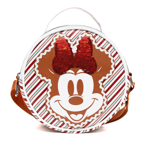 Disney Vegan Leather Round Crossbody Sling Bag with Adjustable Straps, Minnie Mouse Holiday Gingerbread Smile with Sequin Bow Stripe White/Red/Green Crossbody Bags Disney   