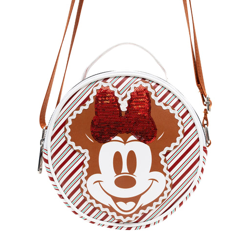 Disney Vegan Leather Round Crossbody Sling Bag with Adjustable Straps, Minnie Mouse Holiday Gingerbread Smile with Sequin Bow Stripe White/Red/Green Crossbody Bags Disney   