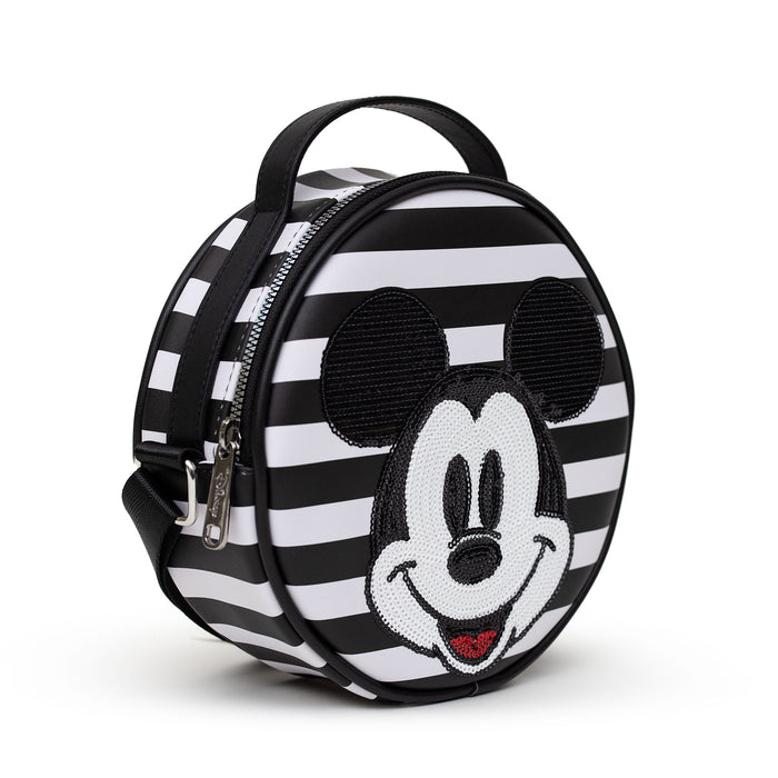 Disney Bag, Cross Body, Round, Mickey Mouse Smiling Sequin Face Applique, Stripe Black White, Vegan Leather Crossbody Bags Disney   