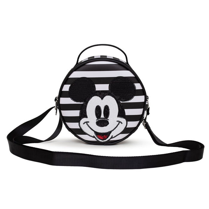Disney Bag, Cross Body, Round, Mickey Mouse Smiling Sequin Face Applique, Stripe Black White, Vegan Leather Crossbody Bags Disney   
