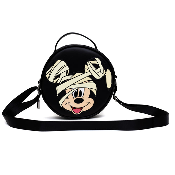 Disney Bag, Cross Body, Round, Mummy Mickey Mouse Glow in the Dark Smiling Applique, Black, Vegan Leather Crossbody Bags Disney   