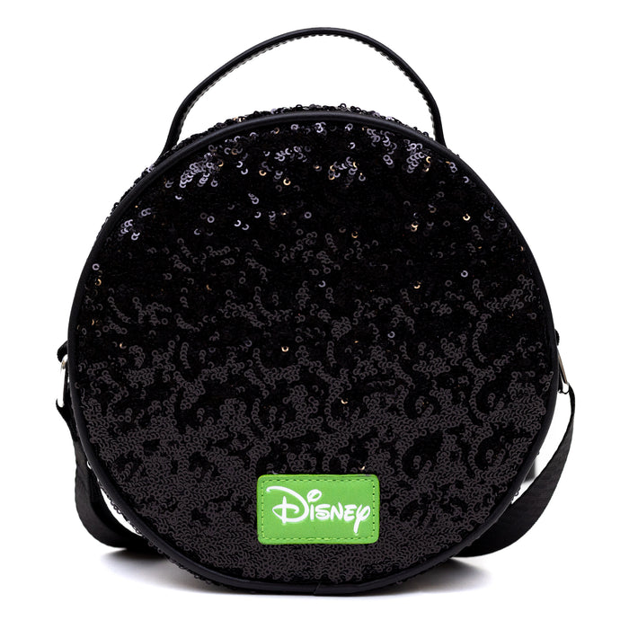 Disney Bag, Cross Body, Round, Snow White Poison Apple Glow in the Dark Applique, Black Sequin, Vegan Leather Crossbody Bags Disney   