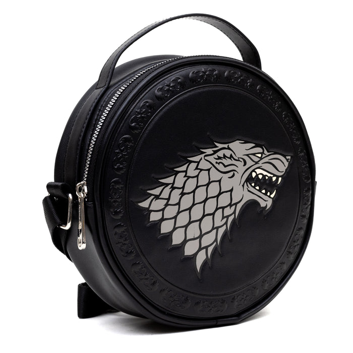 Game of Thrones Vegan Leather Round Crossbody Bag with Adjustable Straps, House of Stark Sigil Debossed and Filigree, Black Crossbody Bags Game of Thrones   