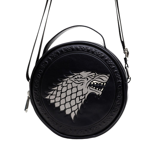 Game of Thrones Vegan Leather Round Crossbody Sling Bag with Adjustable Straps, House of Stark Sigil Debossed and Filigree, Black Crossbody Bags Game of Thrones   