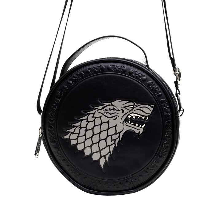 Game of Thrones Vegan Leather Round Crossbody Bag with Adjustable Straps, House of Stark Sigil Debossed and Filigree, Black Crossbody Bags Game of Thrones   