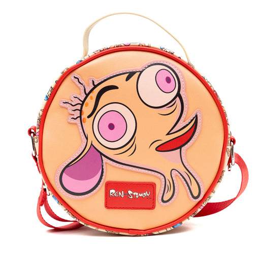 Nickelodeon Vegan Leather Round Crossbody Sling Bag with Adjustable Straps, Ren and Stimpy Character Face Close Up Appliques, Red Beige Crossbody Bags Nickelodeon   