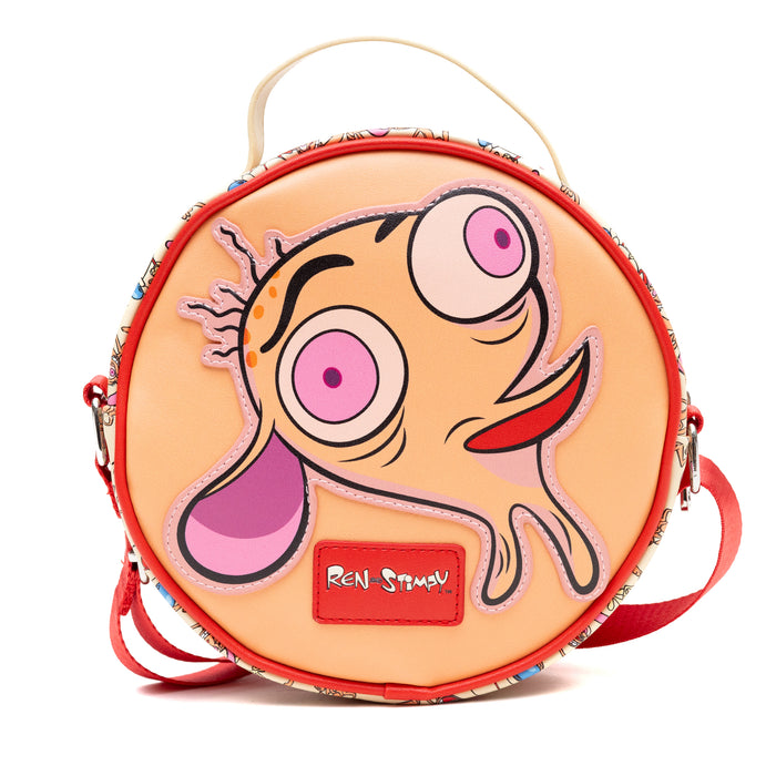 Nickelodeon Vegan Leather Round Crossbody Bag with Adjustable Straps, Ren and Stimpy Character Face Close Up Appliques, Red Beige Crossbody Bags Nickelodeon   