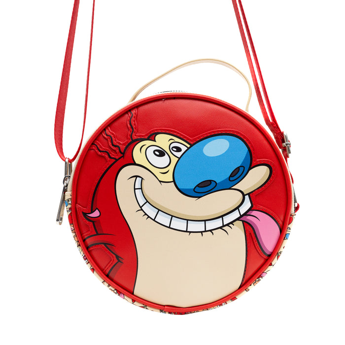 Nickelodeon Vegan Leather Round Crossbody Bag with Adjustable Straps, Ren and Stimpy Character Face Close Up Appliques, Red Beige Crossbody Bags Nickelodeon   