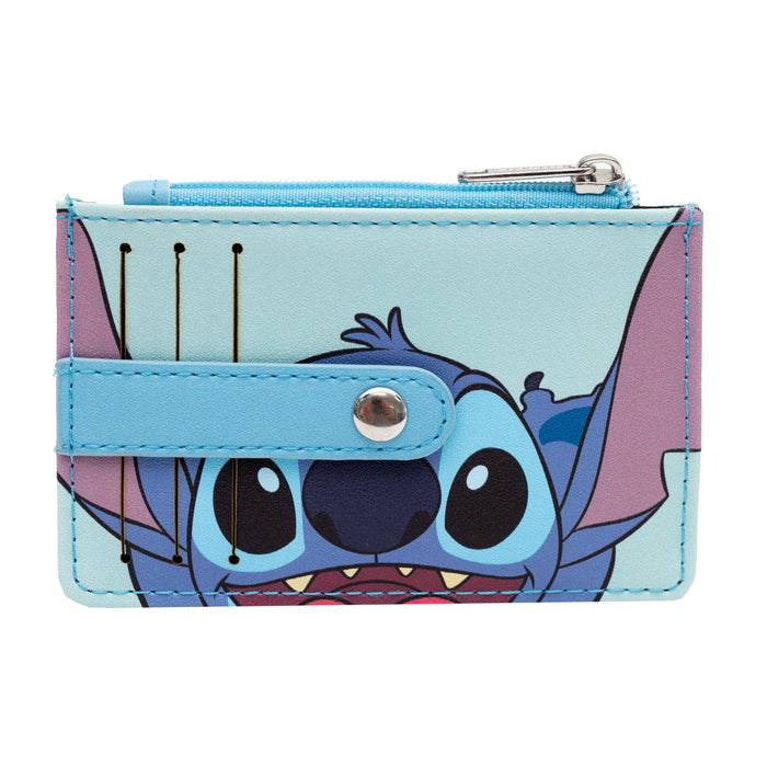 Disney Wallet, Wallet ID/Card Holder, Lilo and Stitch Stitch Smiling Face Close Up Baby Blue, Vegan Leather Mini ID Wallets Disney