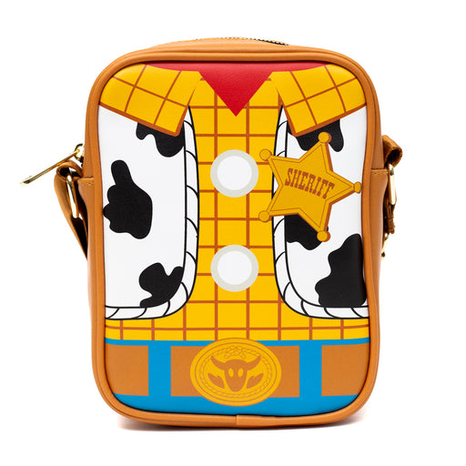 Disney Vegan Leather Cross Body Backpack for Men and Women with Adjustable Strap, Toy Story Woody Doll Chest with Back Close Up Brown Crossbody Bags Disney   