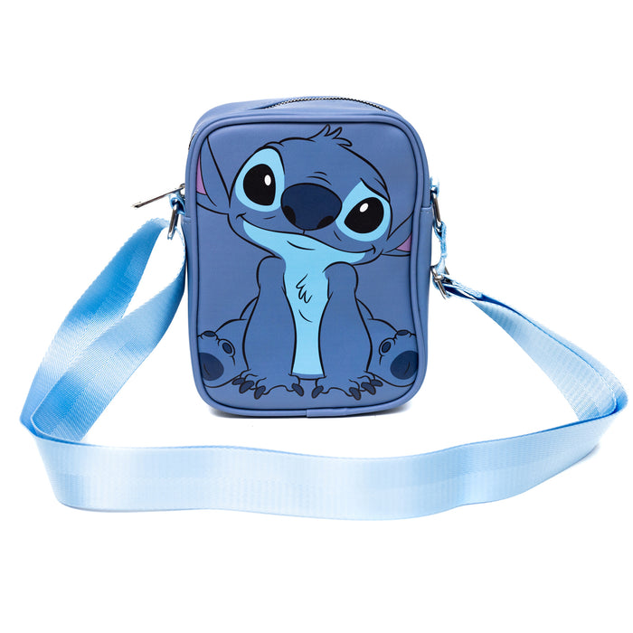 Disney Vegan Leather Cross Body Backpack for Men and Women with Adjustable Strap, Lilo and Stitch Stitch Character Close Up Face and Back, Blue Crossbody Bags Disney   