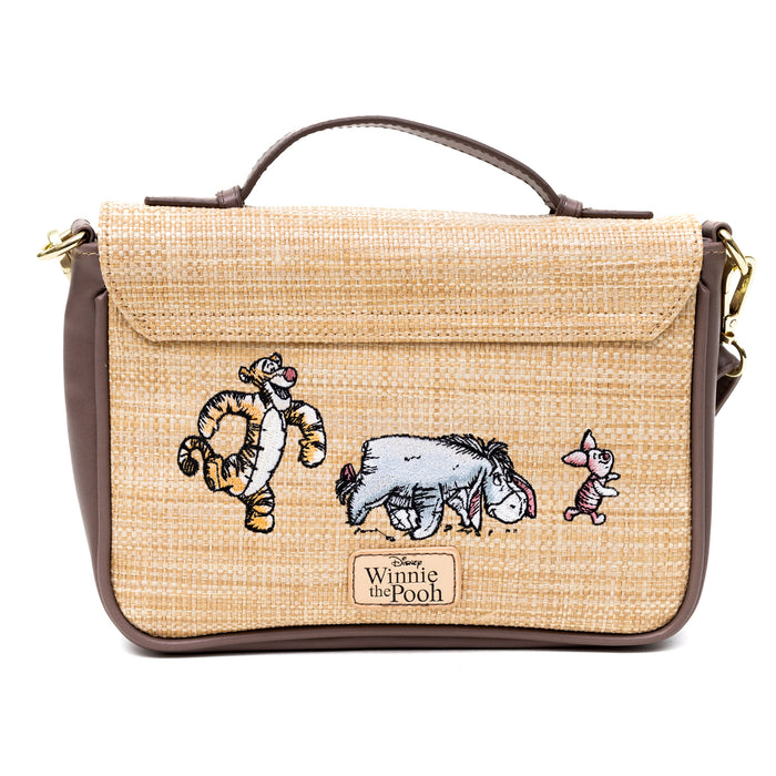 Disney Vegan Leather Fold Over Cross Body Bag for Women, Winnie the Pooh Embroidered Pooh and Friends Pose, Raffia Straw Crossbody Bags Disney   