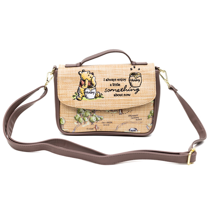 Disney Vegan Leather Fold Over Cross Body Bag for Women, Winnie the Pooh Embroidered Pooh and Friends Pose, Raffia Straw Crossbody Bags Disney   