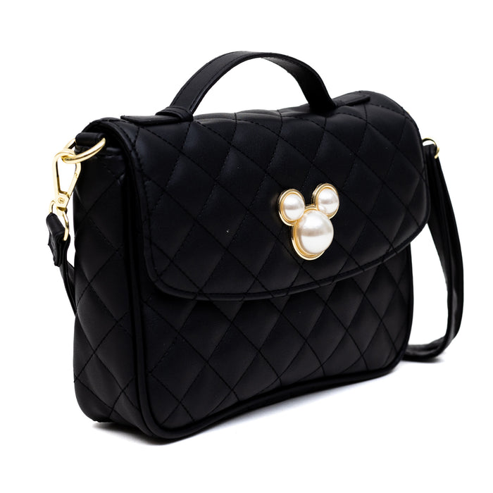 Disney Vegan Leather Fold Over Cross Body Bag for Women, Mickey Mouse Ears Icon Embellished with Faux Pearls, Black Crossbody Bags Disney   
