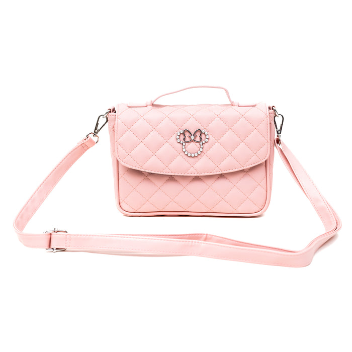 Disney Vegan Leather Fold Over Cross Body Bag for Women, Minnie Mouse Ears and Bow Icon with Mini Faux Pearls, Pink Crossbody Bags Disney   