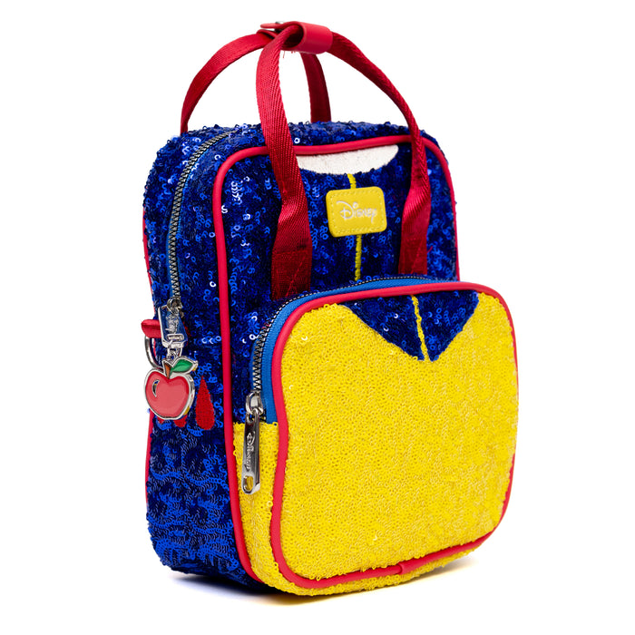 Disney Vegan Leather Cross Body Backpack for Women with Adjustable Strap, Snow White Bodice Blue and Yellow Sequin with Apple Charm Crossbody Bags Disney   