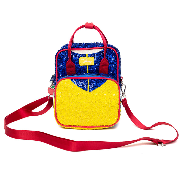 Disney Vegan Leather Cross Body Backpack for Women with Adjustable Strap, Snow White Bodice Blue and Yellow Sequin with Apple Charm Crossbody Bags Disney   