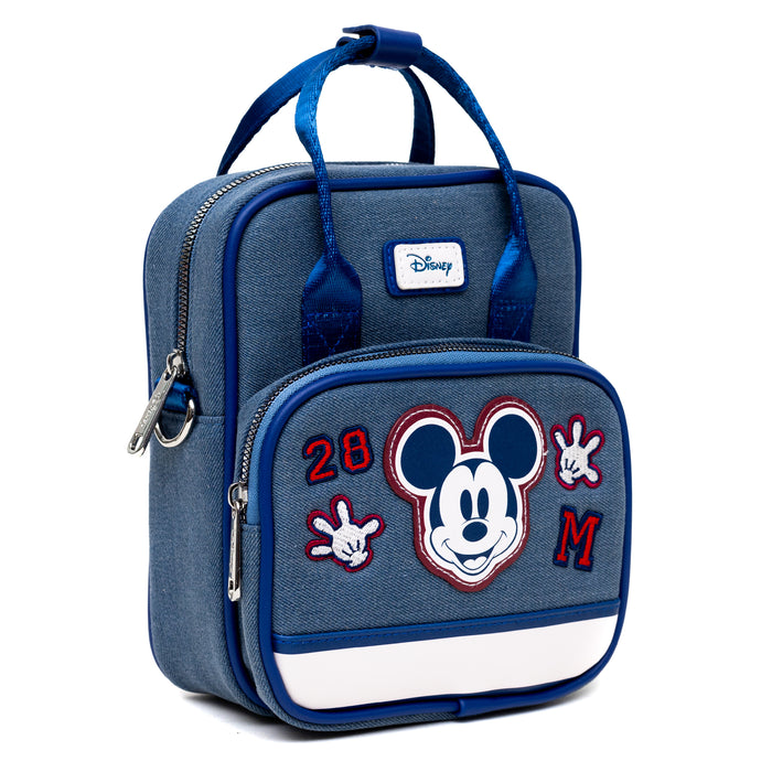 Disney Vegan Leather Cross Body Backpack for Men and Women with Adjustable Strap, Mickey Mouse Varsity Icons, Denim Blue Crossbody Bags Disney   