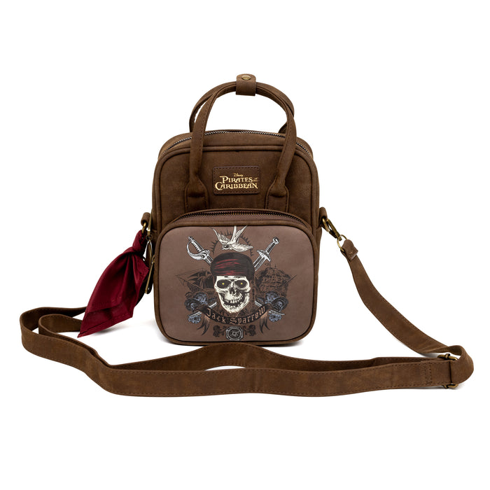 Disney Vegan Leather Cross Body Backpack for Men and Women with Adjustable Strap, Pirates of the Caribbean Jack Sparrow Skull and Swords Brown Crossbody Bags Disney   