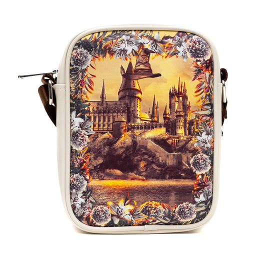 Harry Potter Vegan Leather Round Crossbody Sling Bag with Adjustable Straps, Hogwarts Floral Fantasy Off White Crossbody Bags The Wizarding World of Harry Potter   
