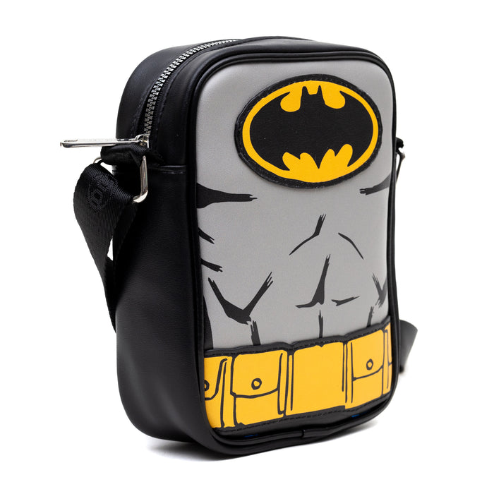 DC Comics Vegan Leather Round Crossbody Bag with Adjustable Straps, Batman Character Close Up with Bat and Belt Appliques, Black and Grey Crossbody Bags DC Comics   