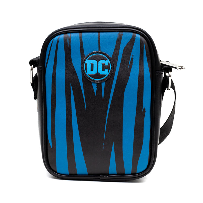 DC Comics Vegan Leather Round Crossbody Bag with Adjustable Straps, Batman Character Close Up with Bat and Belt Appliques, Black and Grey Crossbody Bags DC Comics   