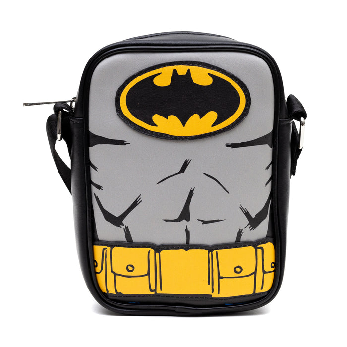 DC Comics Vegan Leather Round Crossbody Bag with Adjustable Straps, Batman Character Close Up with Bat and Belt Appliques, Black and Grey Crossbody Bags DC Comics   